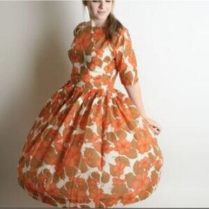Vtg 60s Carol Craig Orange Floral Day Dress Sheer Dress 3/4 Sleeve Womens Small